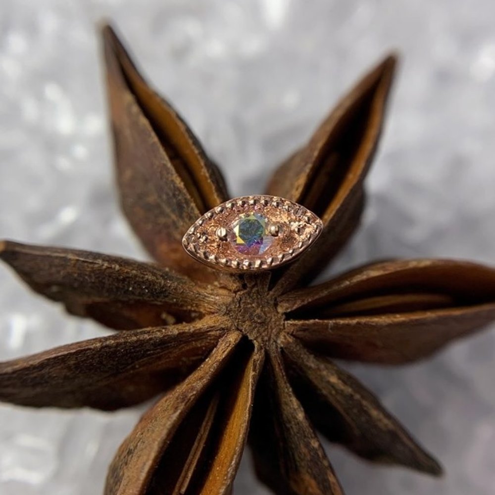 BVLA 14 KARAT ROSE GOLD MARQUISE HARLEQUIN W/ MERCURY MIST TOPAZ.